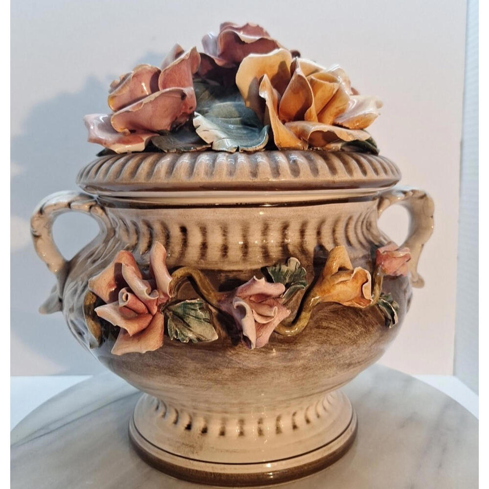 Vintage Capodimonte Floral Centerpiece Made in Italy Pink and Yellow Roses